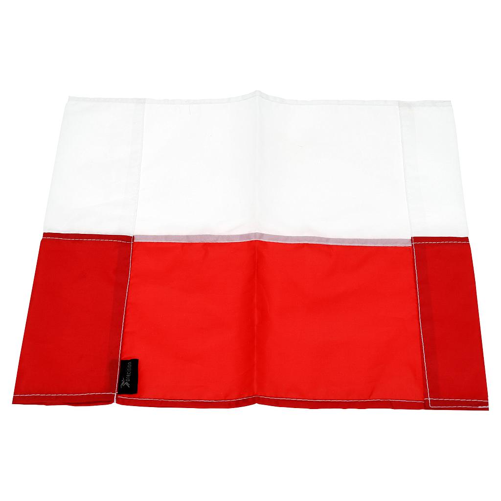 The Precision Training Precision Corner Flags feature a rectangular red and white design, divided horizontally like a corner flag, with visible white stitching and a small black tag on the bottom left edge.