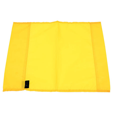 A Precision Training Precision Corner Flag in bright yellow is laid flat on a white background, featuring a small black tag sewn onto one corner.