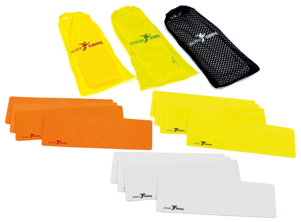 Precision Rectangular Markers (Set of 10) by Precision Training, in orange, yellow, and white, are arranged in rows beside three mesh carrying bags—two yellow and one black—all featuring the Precision Training logo.