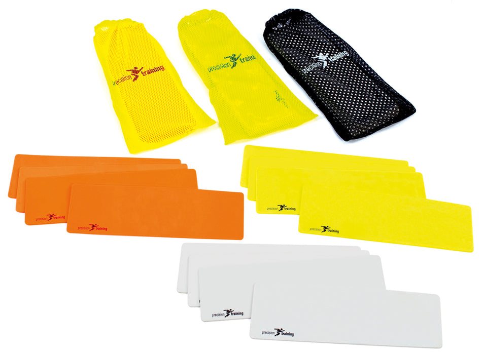 Precision Rectangular Markers (Set of 10) by Precision Training, in orange, yellow, and white, are arranged in rows beside three mesh carrying bags—two yellow and one black—all featuring the Precision Training logo.