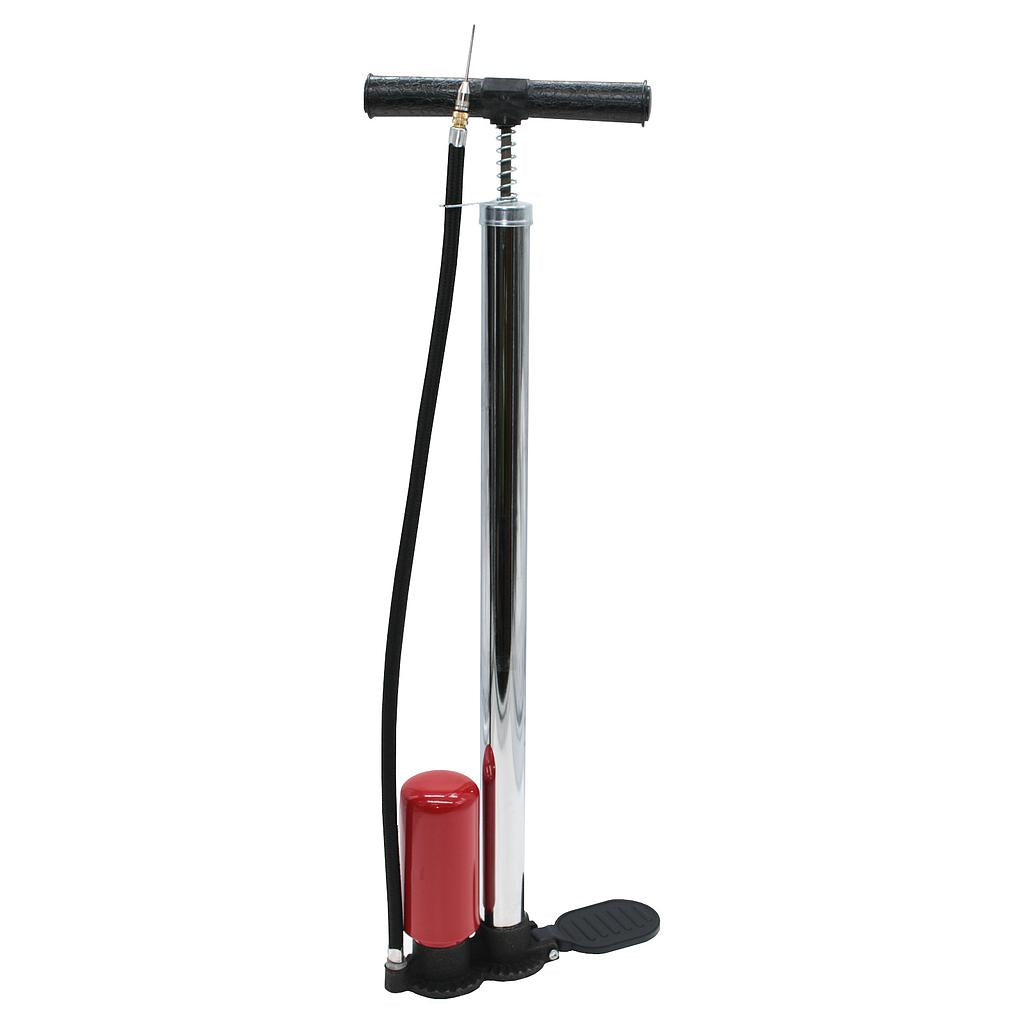 The Precision Training Stirrup Pump by Precision Training features a black handle, silver cylinder, black footrest, red air chamber, and black hose—perfect for keeping your bike tires at optimal pressure.