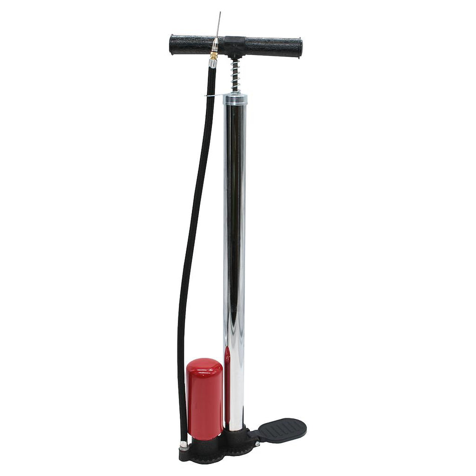 The Precision Training Stirrup Pump by Precision Training features a black handle, silver cylinder, black footrest, red air chamber, and black hose—perfect for keeping your bike tires at optimal pressure.