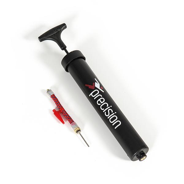 The Precision Training Hand Pump by Precision Training is black with a T-shaped handle and comes with a red and silver inflation needle (with red cap), shown on a white background. An air hose can be attached for versatile use.