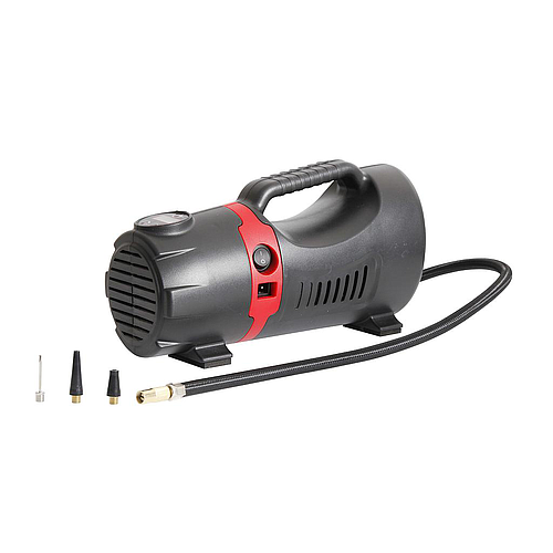 The Precision Training Precision Electric Air Compressor 12V DC & 230V AC features a portable black and red design with a handle, digital pressure gauge, hose, and four interchangeable nozzle attachments displayed in front.