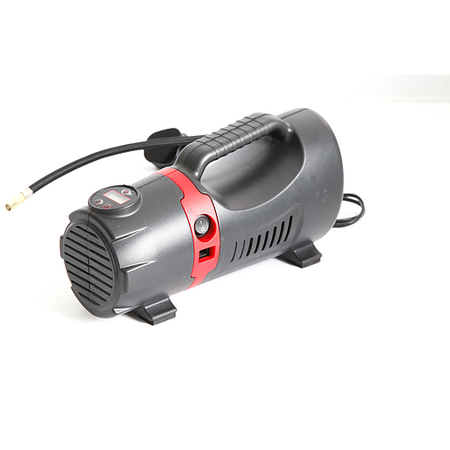 The Precision Training Precision Electric Air Compressor 12V DC & 230V AC, featuring a black and red design with handle, power cord, hose attachment, and digital pressure gauge, is displayed on a white background.