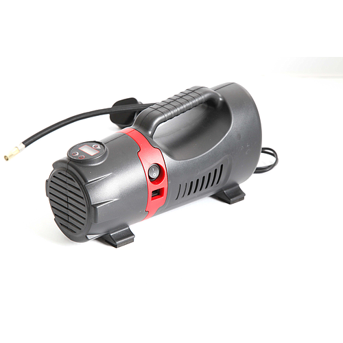 The Precision Training Precision Electric Air Compressor 12V DC & 230V AC, featuring a black and red design with handle, power cord, hose attachment, and digital pressure gauge, is displayed on a white background.