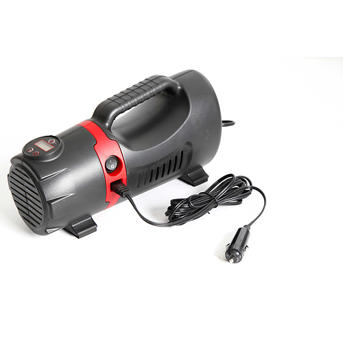 The Precision Training Precision Electric Air Compressor 12V DC & 230V AC is a portable black and red unit with a handle, digital pressure gauge, and long power cord featuring a car cigarette lighter adapter, shown on a white background.