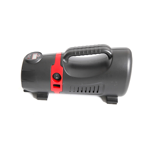 The Precision Training Precision Electric Air Compressor 12V DC & 230V AC, in black and red with a handle, digital gauge, power switch, and side venting, is shown against a white background.