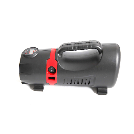 The Precision Training Precision Electric Air Compressor 12V DC & 230V AC, in black and red with a handle, digital gauge, power switch, and side venting, is shown against a white background.