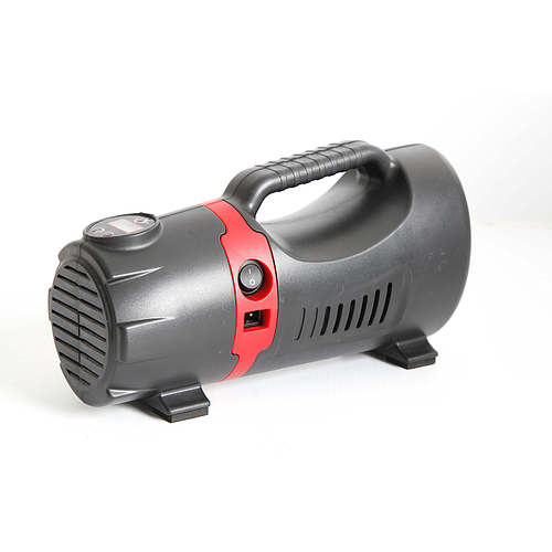 The Precision Training Precision Electric Air Compressor 12V DC & 230V AC is a portable black and red unit with a top handle, side switch, front and side vents, shown on a white background.