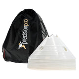 The Precision Training Giant Saucer Cone Set (20-pack, white) sits next to a black mesh bag with the Precisionpro logo—ideal for drills or marking zones on the field.