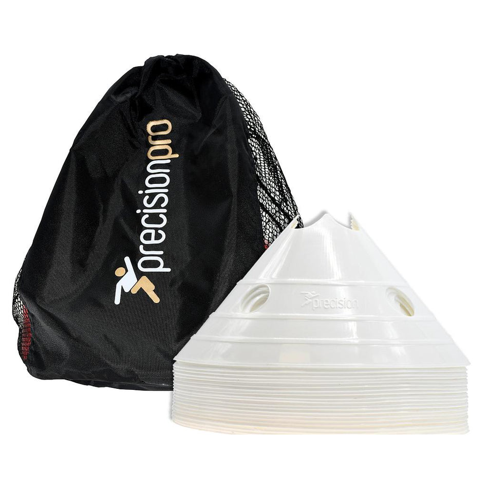 The Precision Training Giant Saucer Cone Set (20-pack, white) sits next to a black mesh bag with the Precisionpro logo—ideal for drills or marking zones on the field.