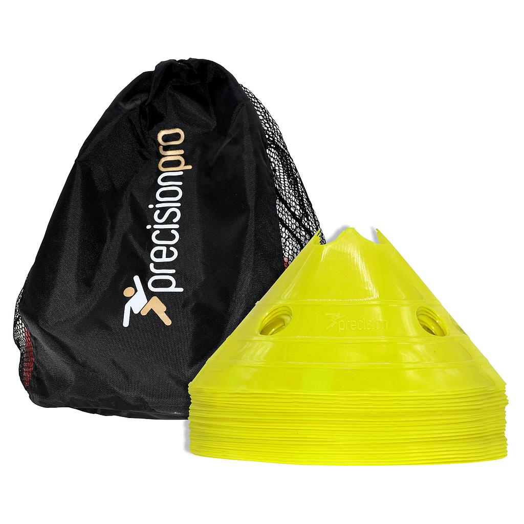 A set of 20 yellow Precision Giant Saucer Cones by Precision Training sits beside a black mesh carrying bag labeled "Precision Pro" in white and gold text.
