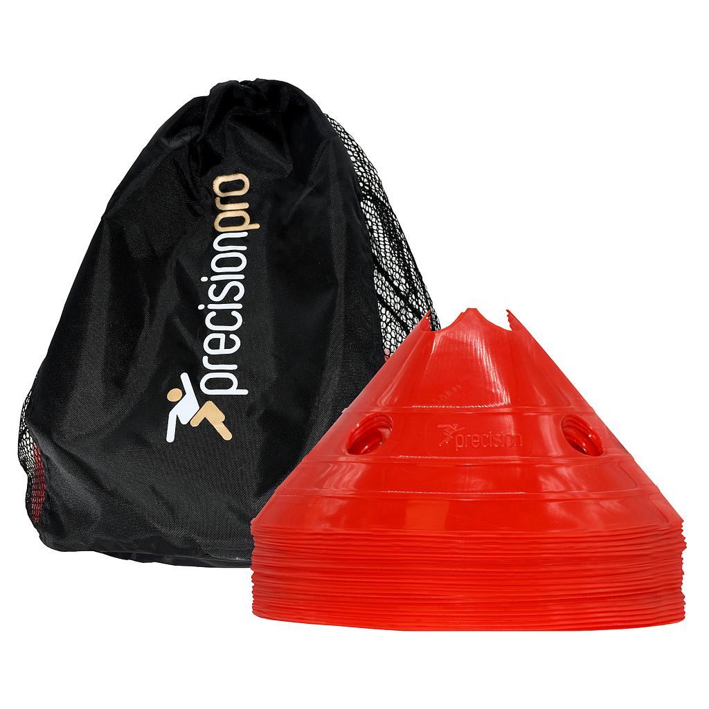 A stack of Precision Giant Saucer Cones (Set of 20) by Precision Training in red sits next to a black mesh bag featuring a gold and white logo.