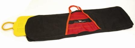 A yellow Precision Training Pro Mannequin rescue sled is partially inside a black and red carrying case with handles, displayed on a white background.