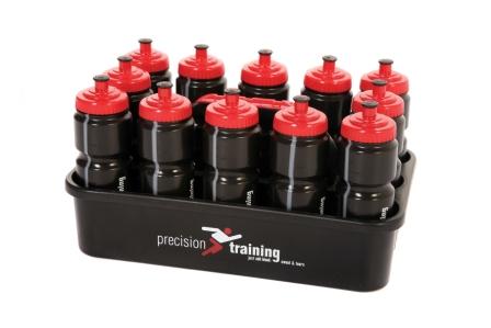 The Precision Training Water Bottles & Carrier Black set includes twelve 750ml sports water bottles with red caps, all held in a black crate labeled "Precision Training.