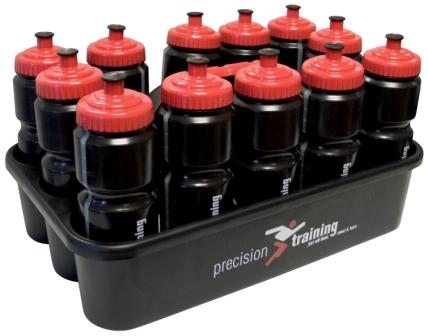 The Precision Training Water Bottles & Carrier Black holds twelve 750ml sports water bottles with red caps. The black carrier features the Precision Training brand and a running figure logo.