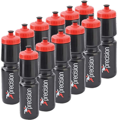 Twelve 750ml Precision Training Water Bottles & Carrier in black with red lids are arranged in three rows. Each bottle, by Precision Training, displays a white and red logo—perfect for convenient hydration on the go.