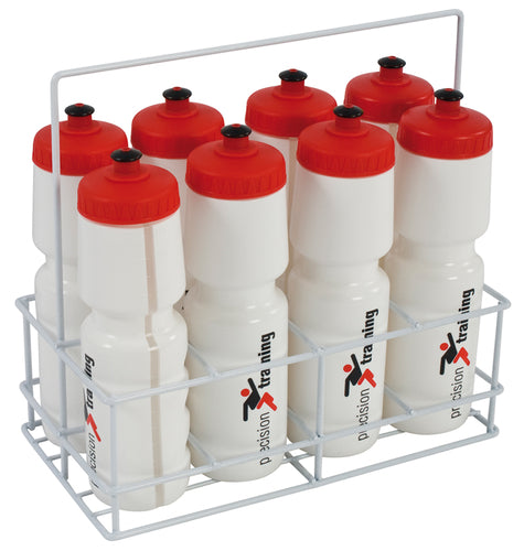 The Precision Training Precision 8 Water Bottles & Wire Carrier includes eight 700ml white bottles with red caps, each with a logo and "training" text. The sturdy white wire carrier has a handle for easy transport.