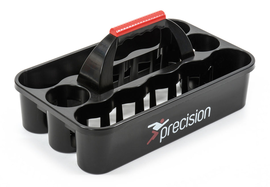 The Precision Training Precision 12 Bottle Plastic Carrier is a sturdy black plastic carrier with 12 compartments, a red central handle, and white "precision" branding with a logo—ideal for team use.