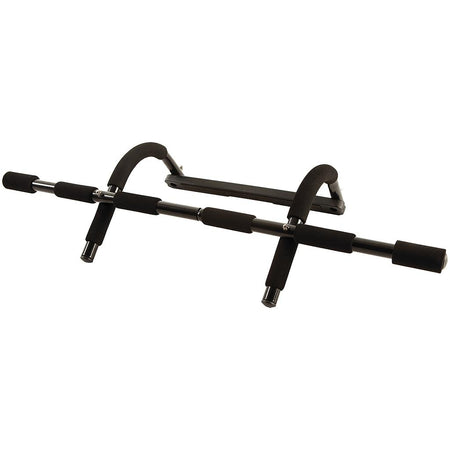 The Fitness Mad Universal Training Bar by Fitness Mad is a black door frame pull-up bar with foam grips, designed for upper body workouts, shown against a white background.