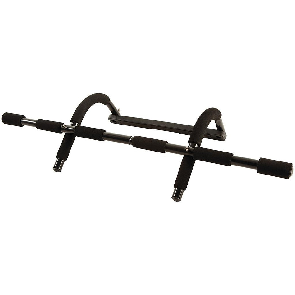 The Fitness Mad Universal Training Bar by Fitness Mad is a black door frame pull-up bar with foam grips, designed for upper body workouts, shown against a white background.