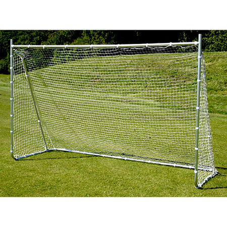 The Precision Training Precision Multi Sport Steel Goal, featuring a white net and zinc-coated steel frame, stands on a grassy field, blending effortlessly with the surrounding trees and greenery.