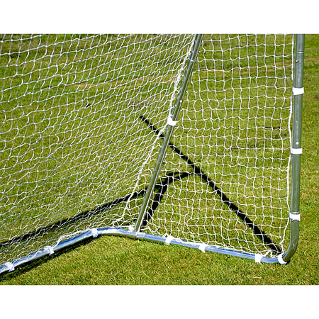 Close-up of a Precision Training Precision Multi Sport Steel Goal’s zinc-coated steel frame with white netting on green grass, sunlight casting shadow of the frame and net onto the ground.
