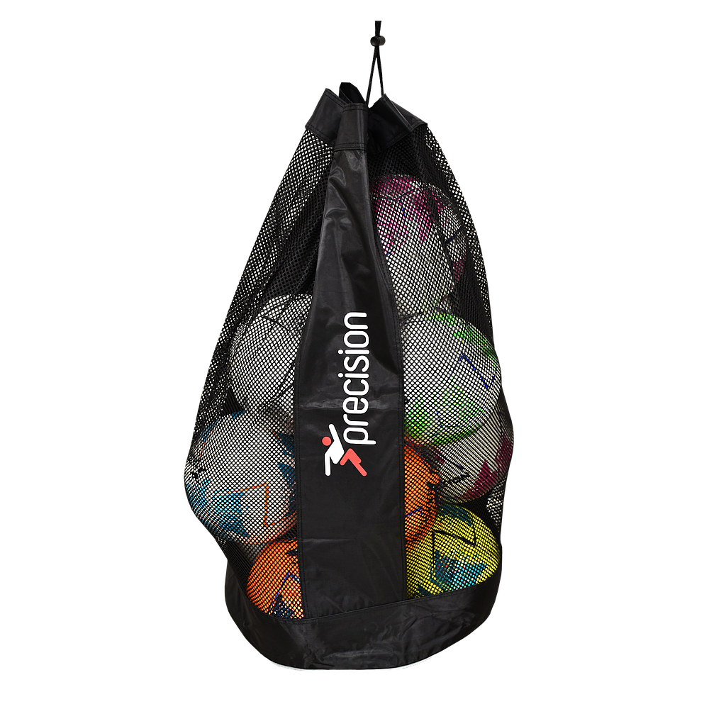 The Precision Training Precision 12 Ball Sack (Black/Silver) with mesh ventilation and logo holds 12 footballs in assorted colors, hanging from a hook against a plain white background.
