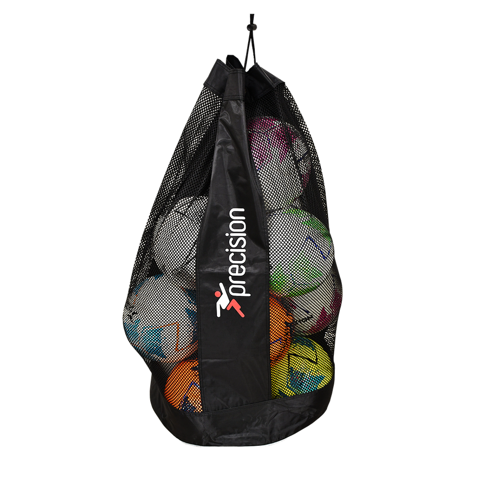 The Precision Training Precision 12 Ball Sack (Black/Silver) with mesh ventilation and logo holds 12 footballs in assorted colors, hanging from a hook against a plain white background.