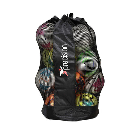 The Precision Training 20 Ball "Jumbo" Sack (Black/Silver) securely holds up to 20 footballs and features an adjustable shoulder strap for easy carrying.