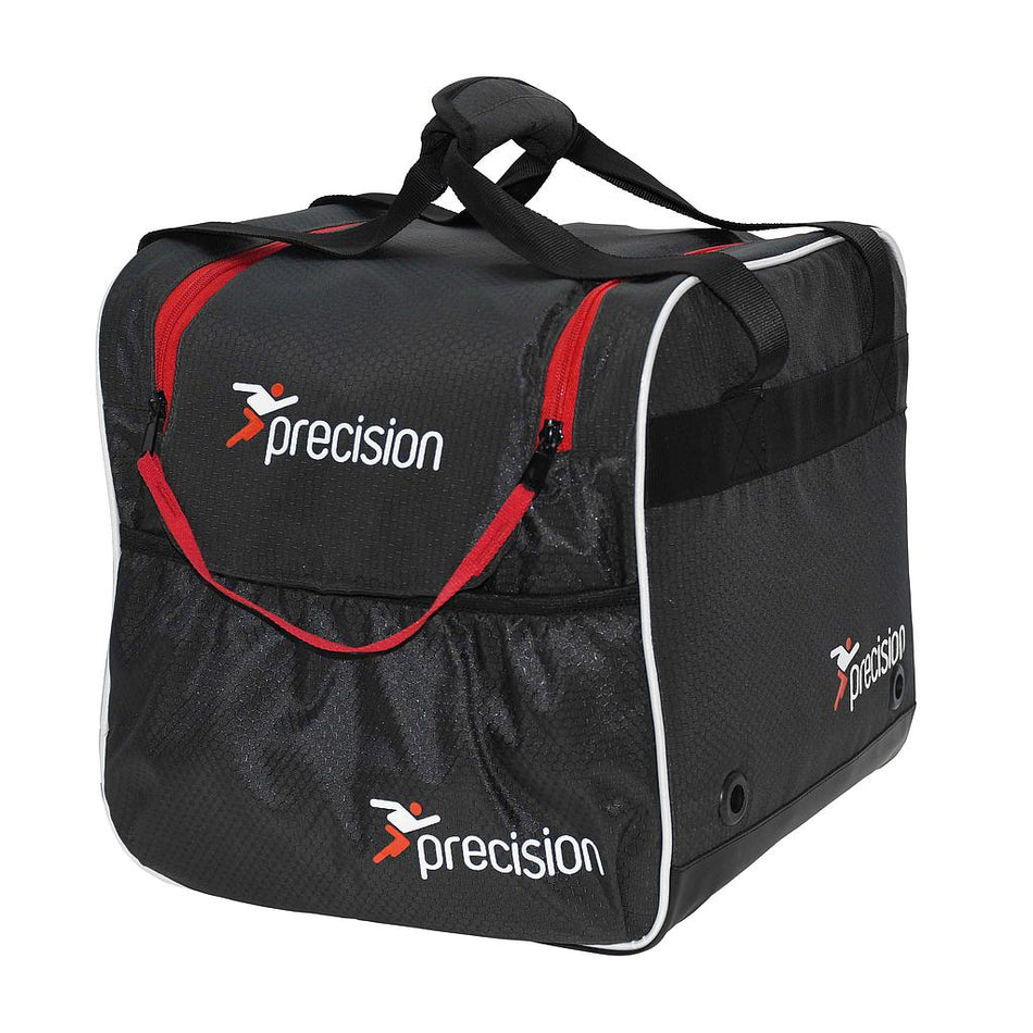 The Precision Pro HX Water Bottle Carry Bag by Precision Training is black with white and red branding, white piping, red accents, side ventilation holes, black top handles, and securely holds 16 bottles.