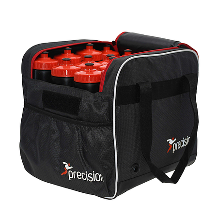 The Precision Training Pro HX Water Bottle Carry Bag is black with short handles, an open top, and side pocket featuring the Precision logo. Designed for team use, it holds up to 16 bottles with red caps.