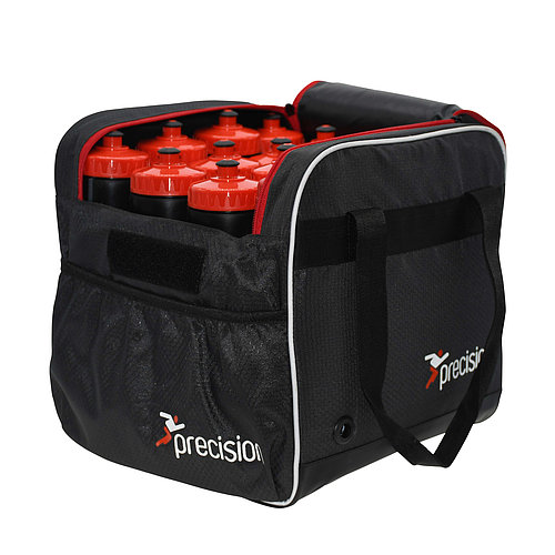 The Precision Training Pro HX Water Bottle Carry Bag is black with short handles, an open top, and side pocket featuring the Precision logo. Designed for team use, it holds up to 16 bottles with red caps.