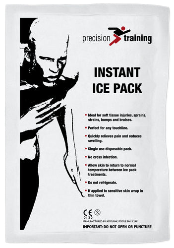 The Precision Training Instant Ice Pack (Box of 20) comes in white packaging with black text listing uses and instructions, plus a black-and-white illustration of someone holding their shoulder to highlight quick pain relief.