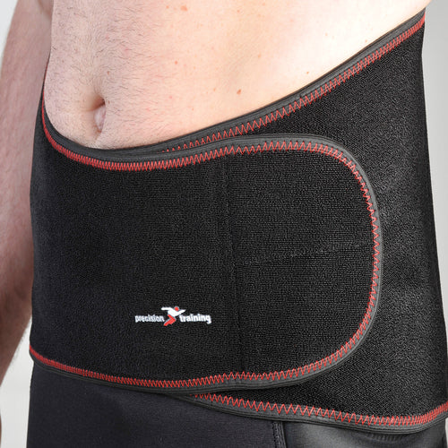 A close-up of a person wearing the Precision Training Neoprene Back Support with Stays - Universal, in black with red stitching, snugly wrapped around their lower torso—ideal for relieving lumbago or sciatica pain.