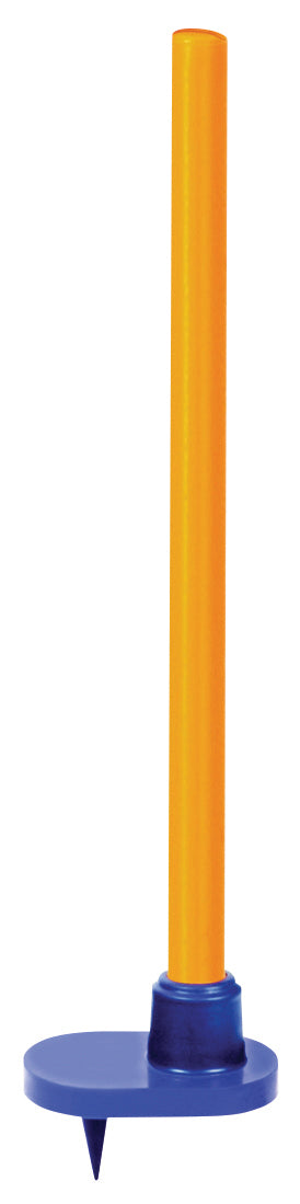 A yellow plastic rod stands vertically on a round blue base with a small spike below, resembling the Hunts County Reflex Flexi Stumps—training equipment from the brand Hunts County, ideal for cricket practice.