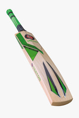 The Hunts County Tekton 100 Junior Cricket Bat, crafted from premium Kashmir Willow with green and black accents and a green grip handle, is displayed on a white background.