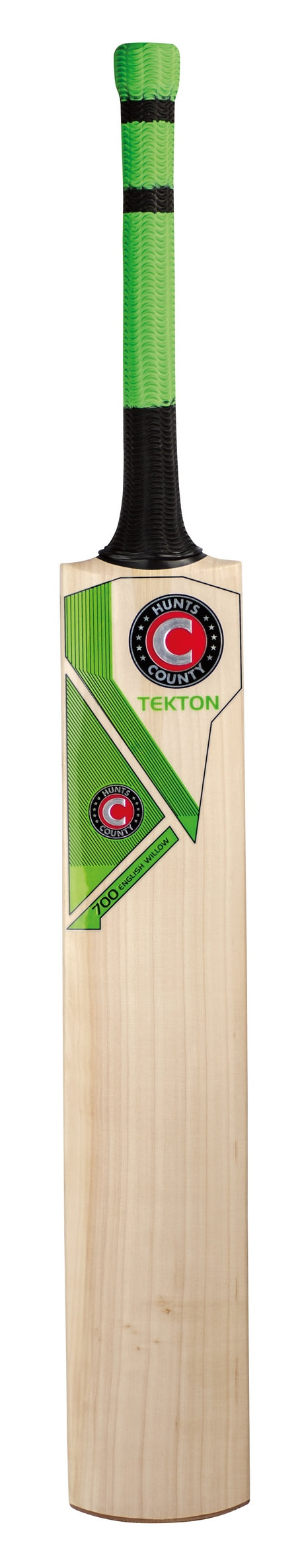 The Hunts County Tekton 100 Junior Cricket Bat, made from Kashmir Willow, features a light blade, black and green handle, and bold green, black, and white graphics—ideal for young players.