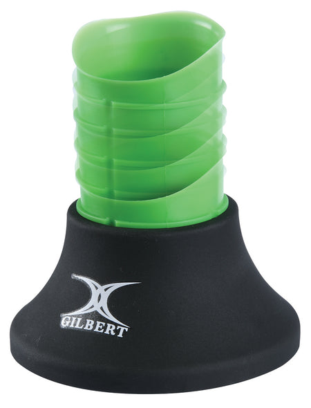 The Gilbert Telescopic Kicking Tee is a green, spiral-shaped rugby tee with a wide black base displaying the white Gilbert logo. Adjustable for precision and consistency, it's ideal for accurate rugby kicks.