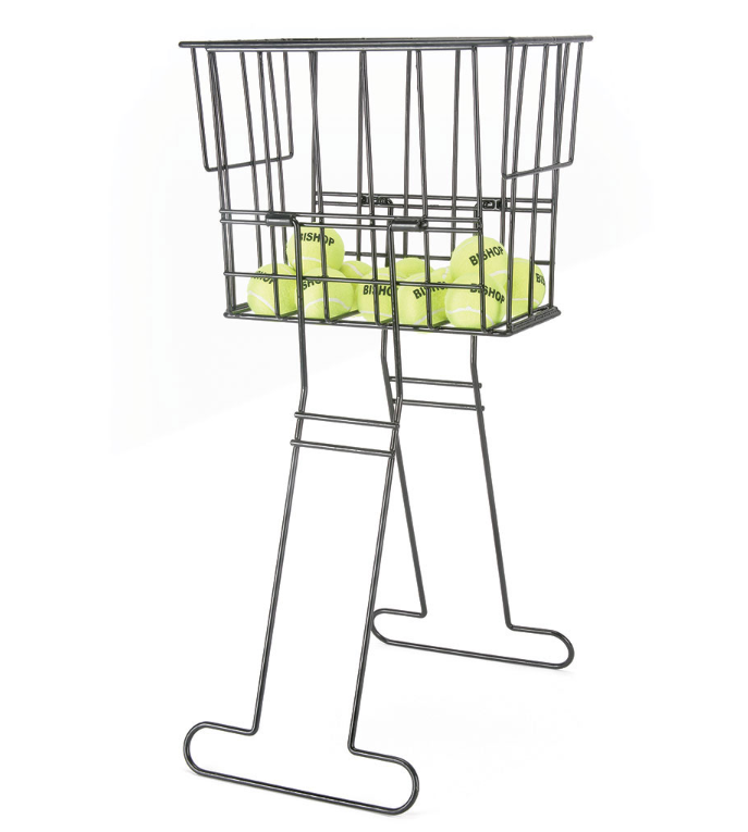 The Mastersport Tennis Ball Retriever Basket Plastic Coated Heavy Duty features an elevated stand with sturdy legs, holding multiple tennis balls for easy access and convenient collection.