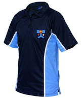 The Falcon Sportswear Tewkesbury School Boys Polo Shirt is a short-sleeved navy polo with light blue side panels, white piping, and an embroidered logo featuring a cross and symbols on the left chest.