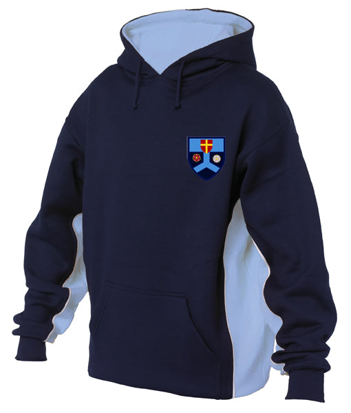 The Falcon Sportswear Tewkesbury School Unisex Junior Hooded Top features a navy blue design with white side panels, front pocket, and drawstring hood. The left chest displays the embroidered school logo: a blue shield with yellow cross and three crests.