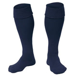 The Tewkesbury School Unisex Plain Navy Long Socks by Falcon Sportswear stand upright with folded cuffs on a white background—perfect everyday school socks for comfort.