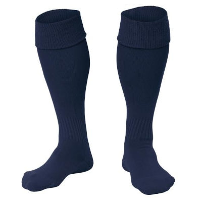 The Tewkesbury School Unisex Plain Navy Long Socks by Falcon Sportswear stand upright with folded cuffs on a white background—perfect everyday school socks for comfort.