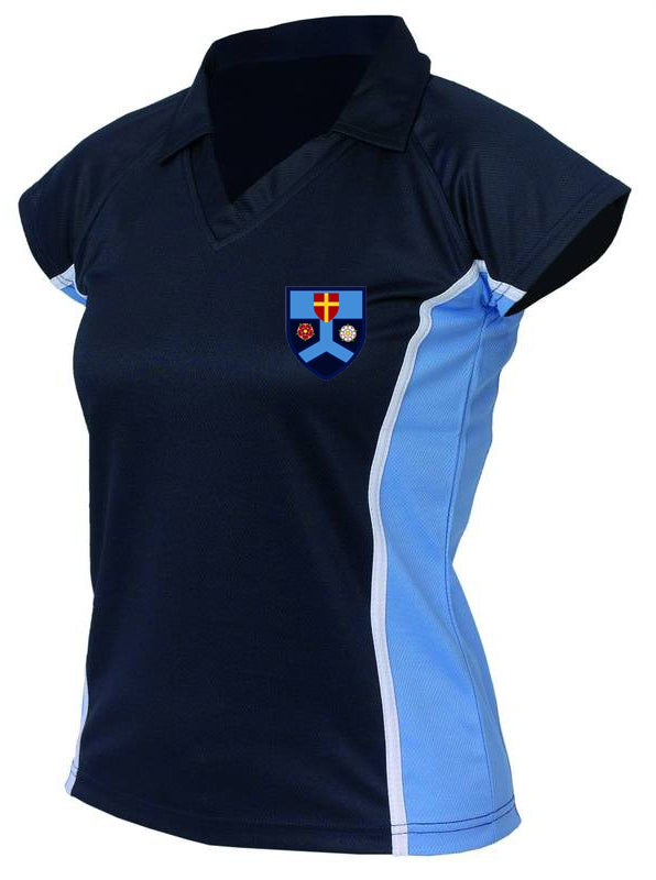 The Tewkesbury School Girls Polo Shirt by Falcon Sportswear is a navy and light blue lightweight short-sleeve polo, featuring a collar and crest with a cross and three symbols on the left chest. Perfect for school uniforms.