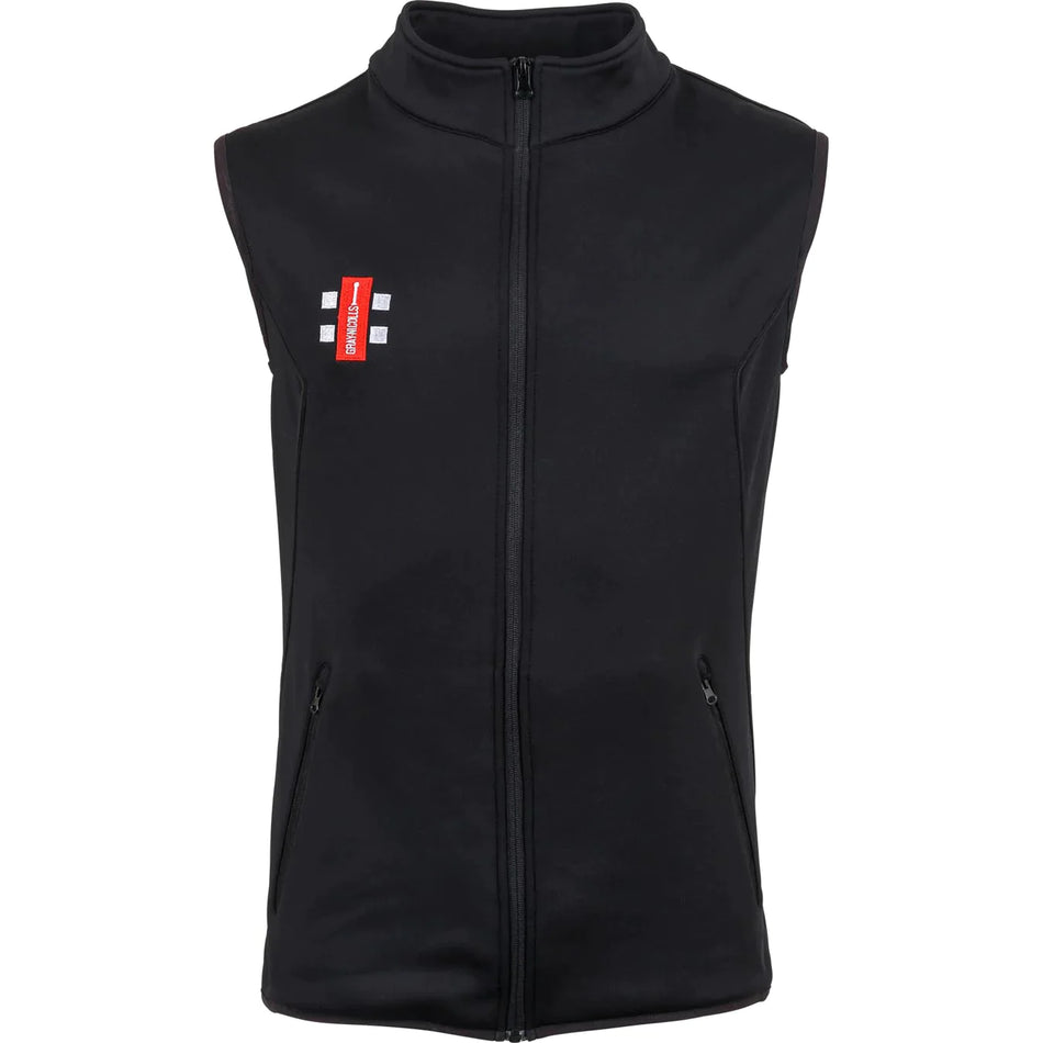 The Gray Nicolls Penallt & Redbrook CC Black Storm Bodywarmer is a black sleeveless zip-up vest with a high collar, two zippered side pockets, and a small red and white rectangular logo on the left chest.