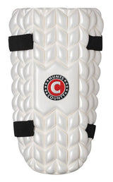 The Hunts County Tekton Thigh Guard by Hunts County features moulded protection, black straps, and an ambidextrous design in white.