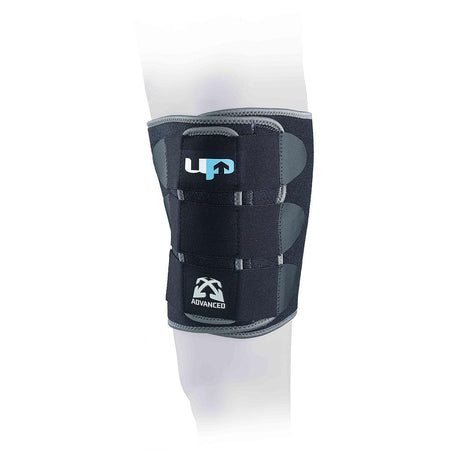The Reydon Sports Ultimate Performance Advanced Thigh Support One Size provides firm support and compression with adjustable straps and branding logos, offering optional thigh stability when worn on the knee.