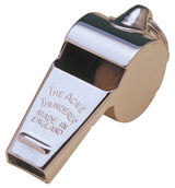 The Precision Training Acme Thunderer Metal Whistle is a shiny silver sports whistle engraved with "The Acme Thunderer Made in England." It features a round top, rectangular mouthpiece, and is angled slightly to the right.